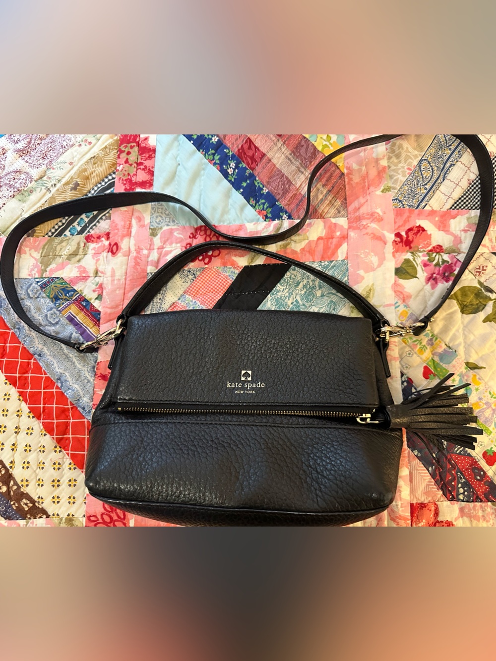 kate spade Black Pebbled Leather Crossbody with Tassel